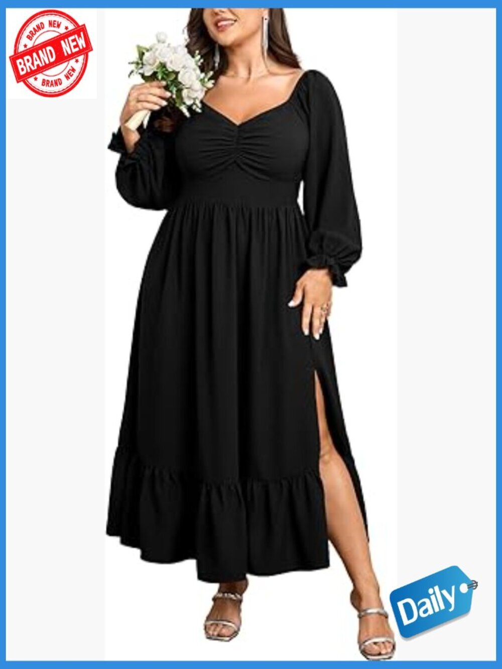 Plus Size Maxi Dress Sweetheart Neckline Long Sleeve Smocked Ruffle Slit